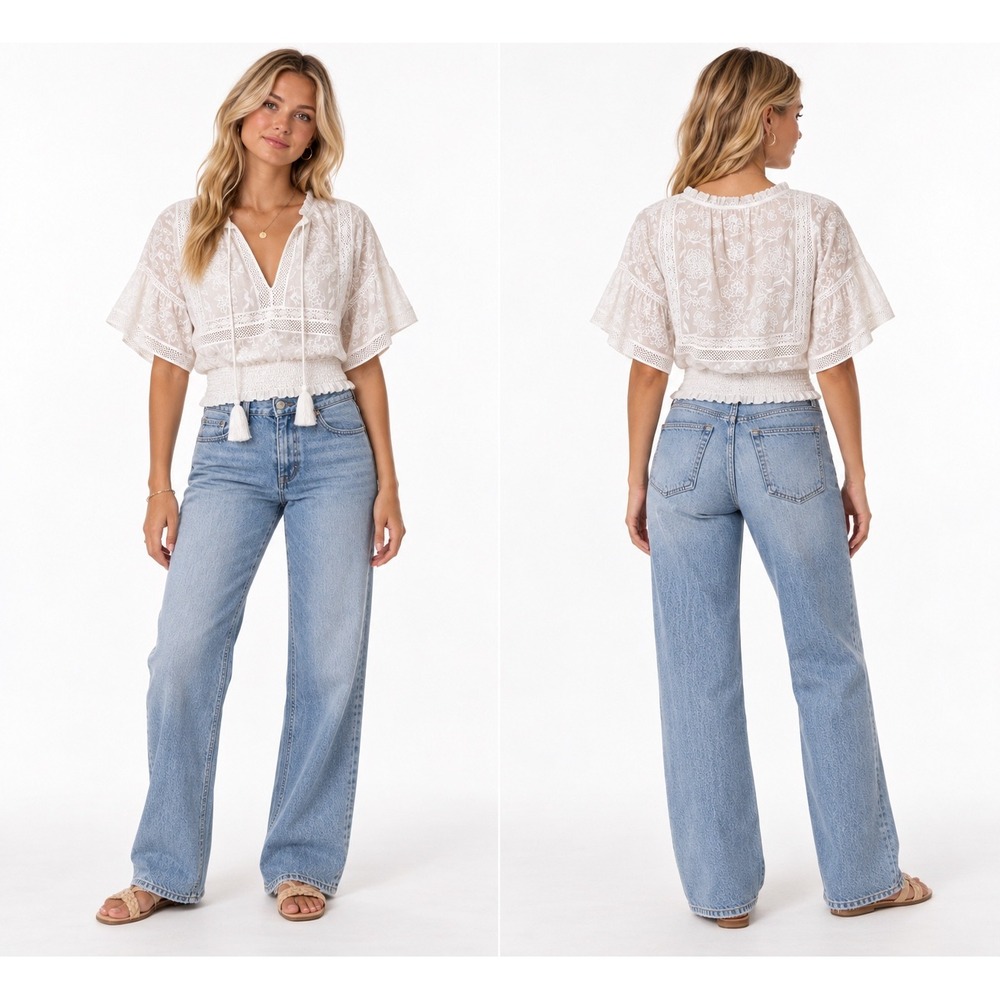 Alice + Olivia Blouse M White Embroidered Smocked Boho Flutter Sleeve Tassel Top